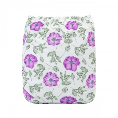 White pocket nappy with purple flowers and green leaves back view