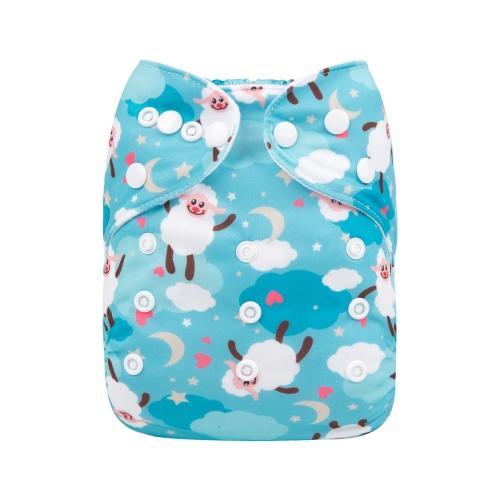 Blue background pocket nappy with falling sheep, stars, moons and hearts front view