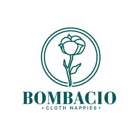 Bombacio Cloth Nappies text written underneath a logo created with an outline of a cotton flower inside a double lined circle