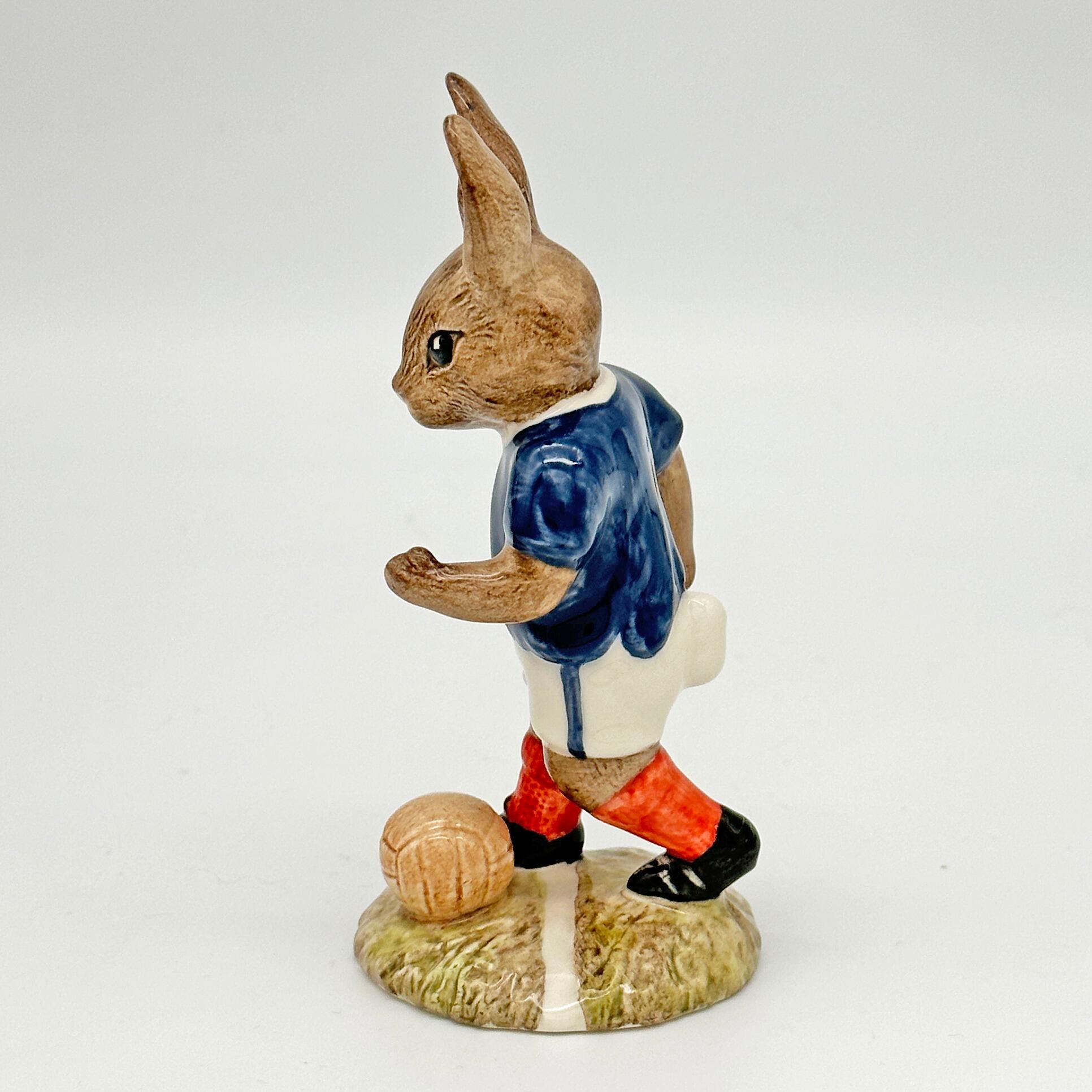 Royal Doulton Bunnykins figure - DB123 Soccer Playerin Blue and White - left