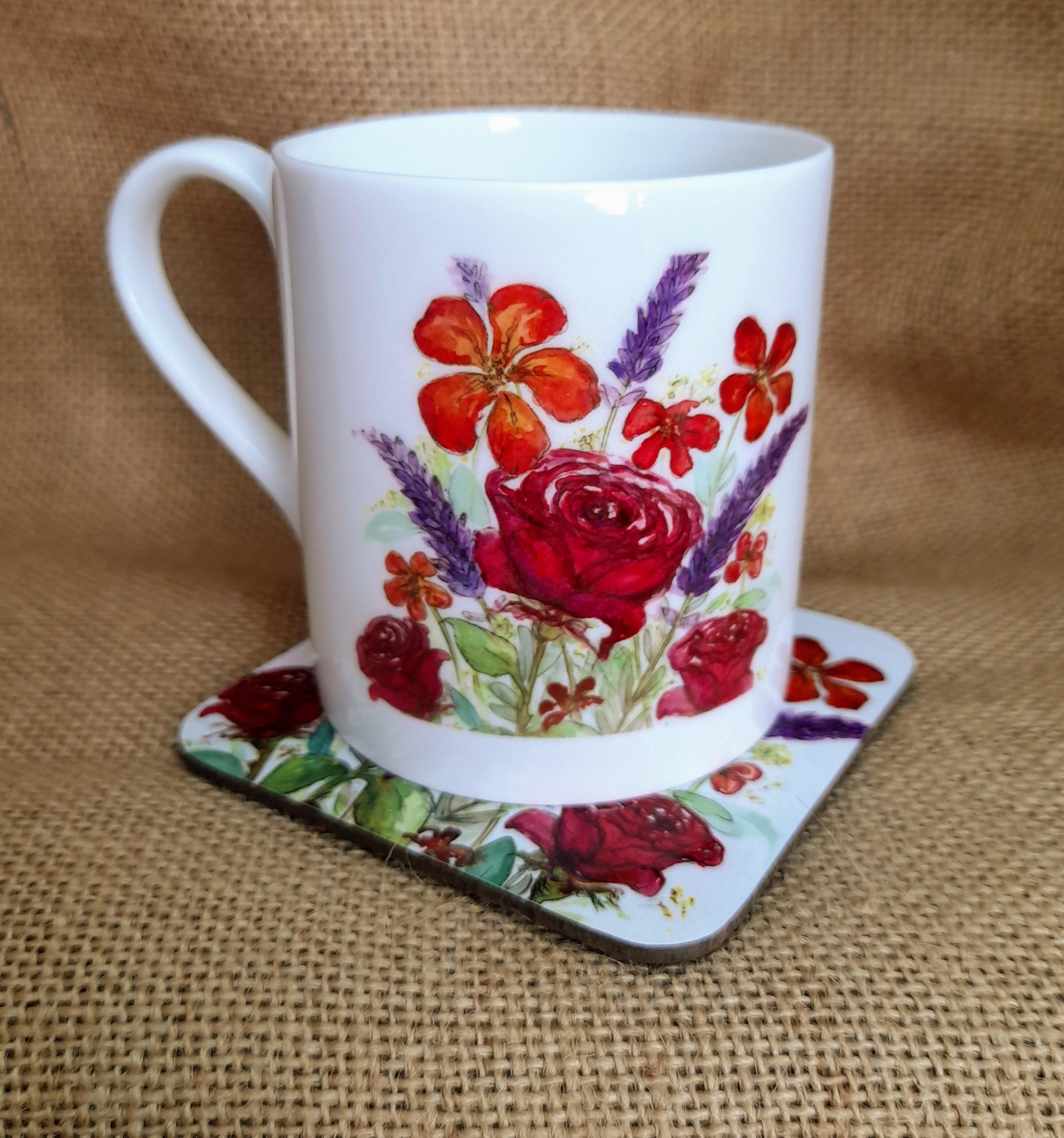 Vibrant Bouquet Fine Bone China Cup on Matching Coaster