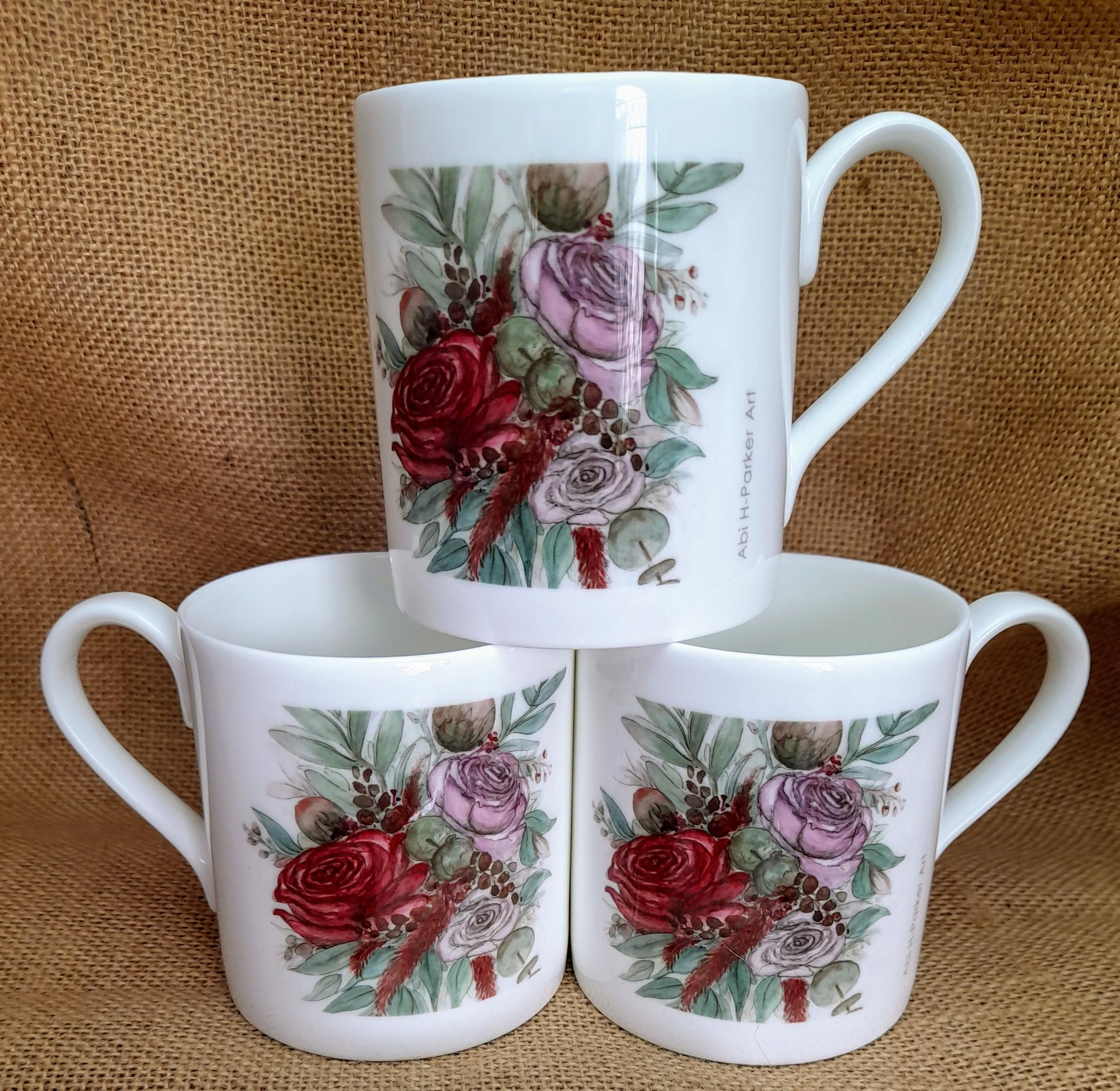 3x Roses & Eucalyptus China Cups