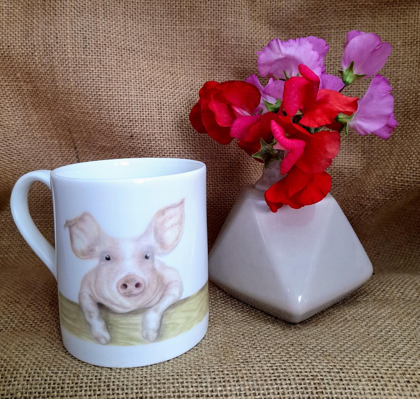 Mr Pig China Cup with Flowers & Vase