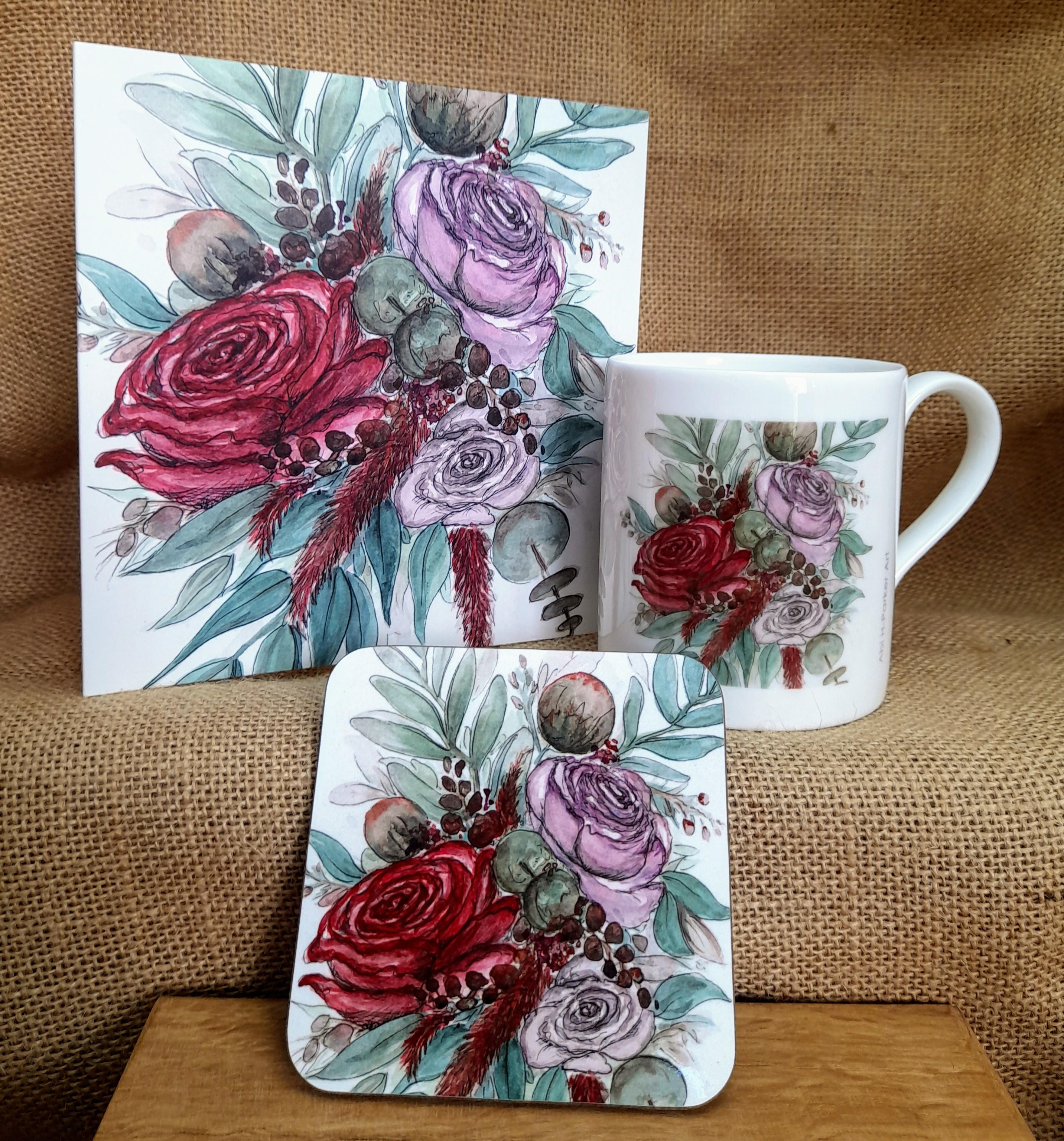 Roses & Eucalyptus Gift Collection; China Cups, Greeting Card & Coaster