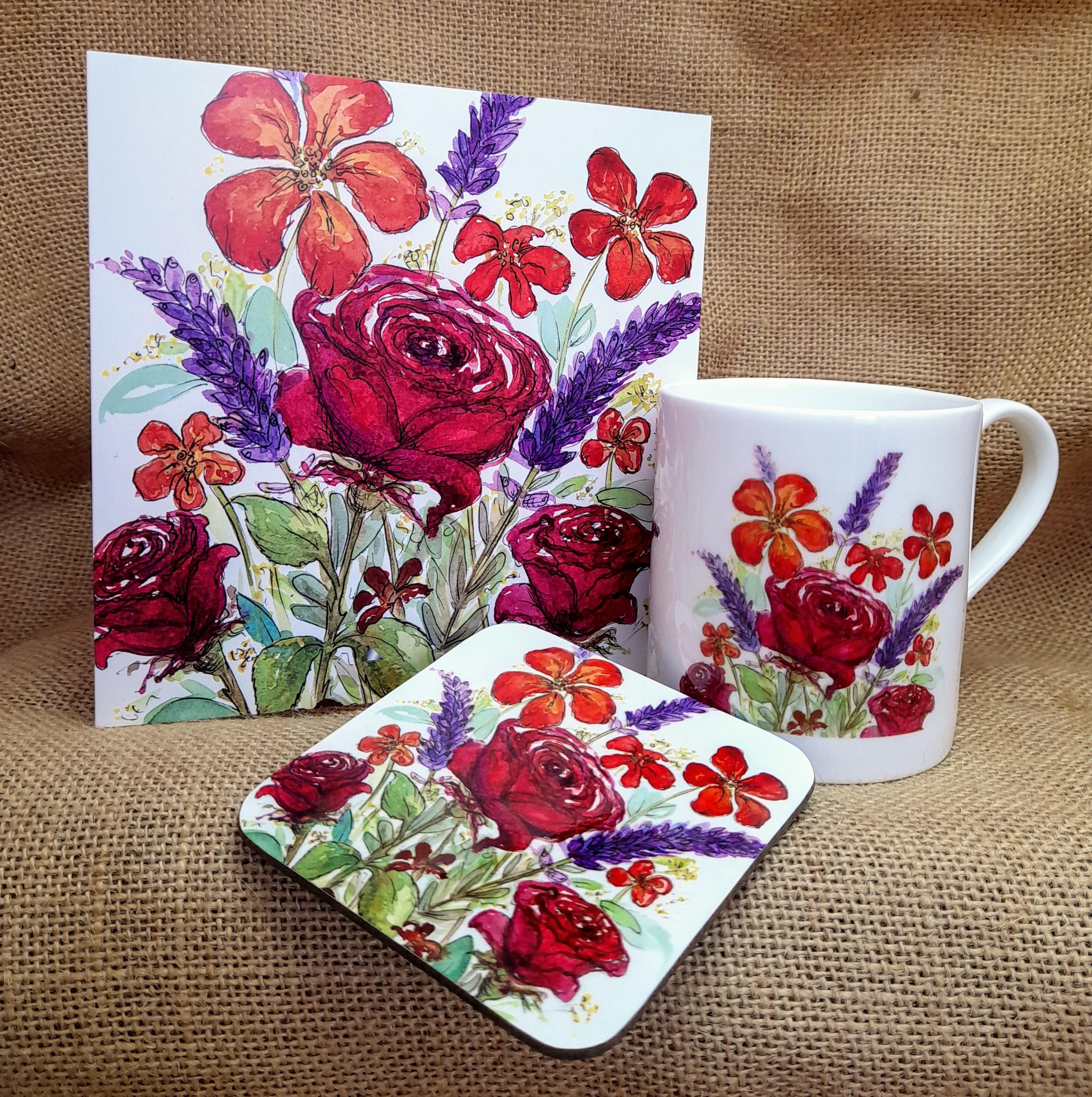 Vibrant Bouquet Gift Collection; China Cup, Blank Greetings Card & Coaster