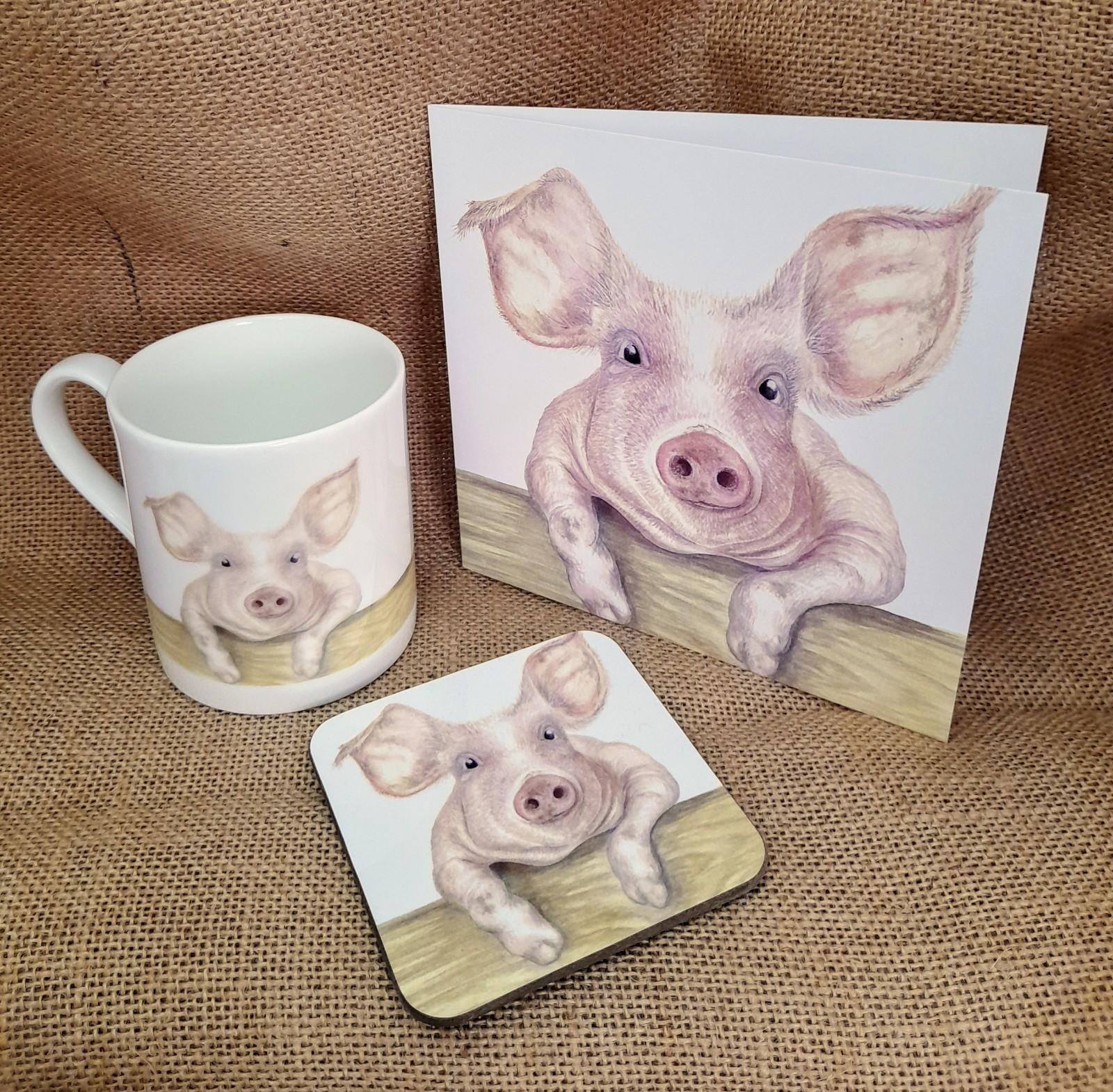 Mr Pig Gift Collection; China Cup, Blank Greetings Card & Coaster