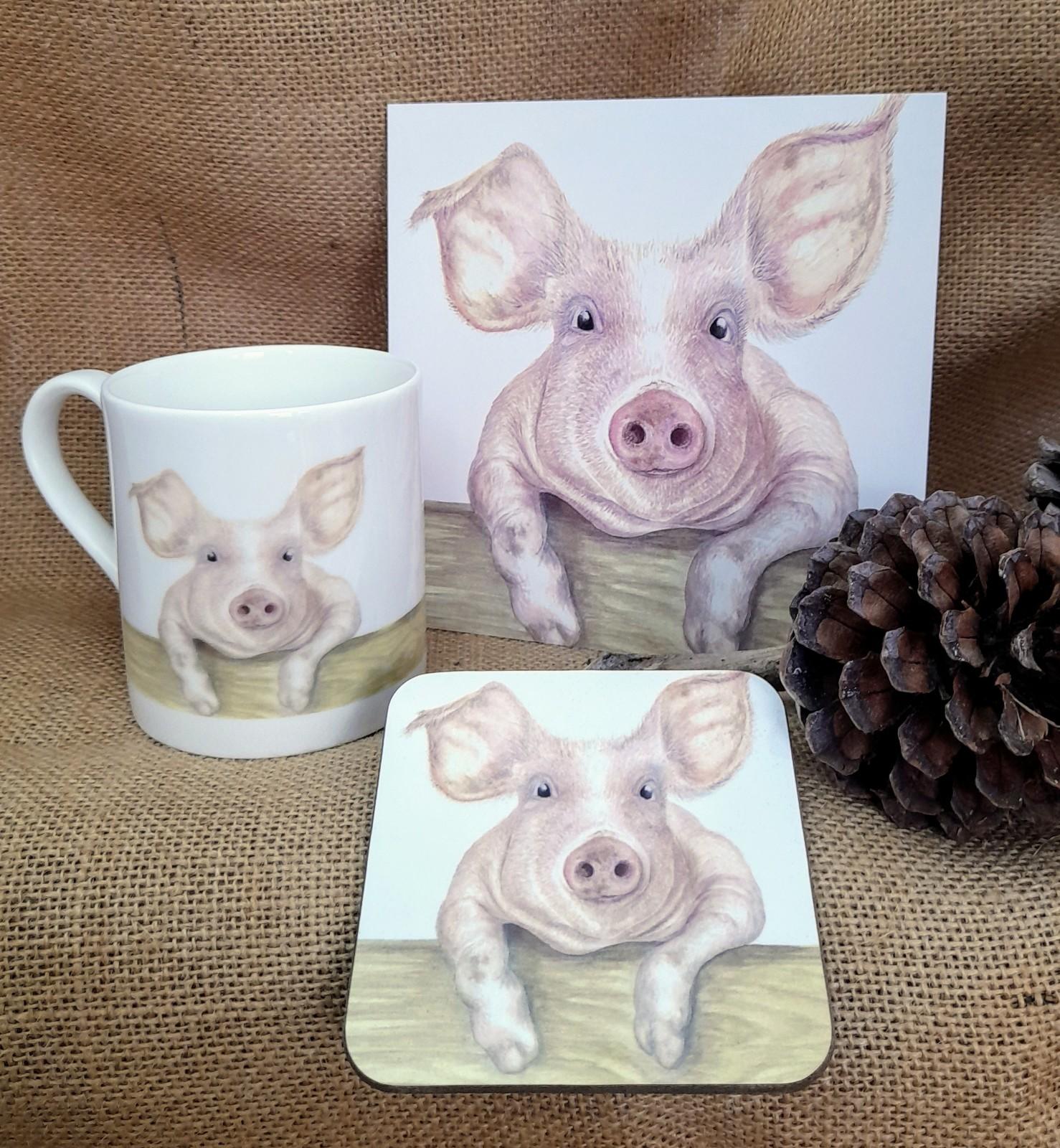 Mr Pig Gift Collection; China cup, Blank Greetings Card & Coaster