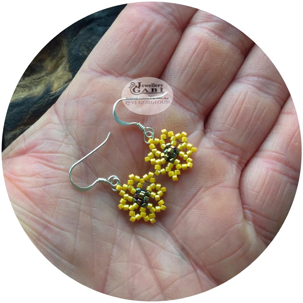 Jewellery by Gabi dinky beaded sunflower earrings on hanf