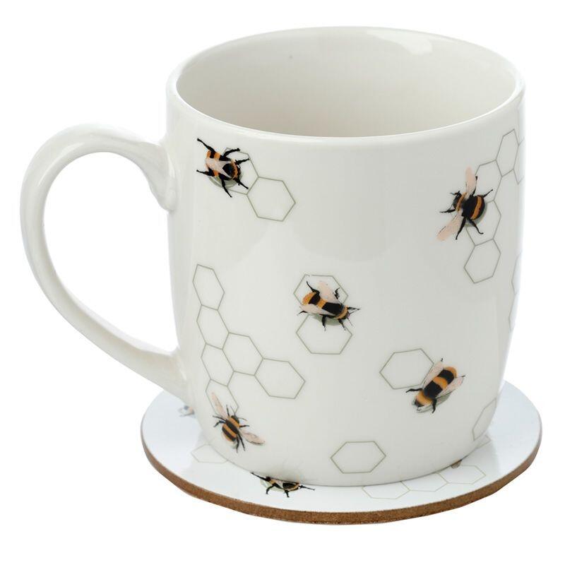 Porcelain Mug and Coaster Set Busy Bees