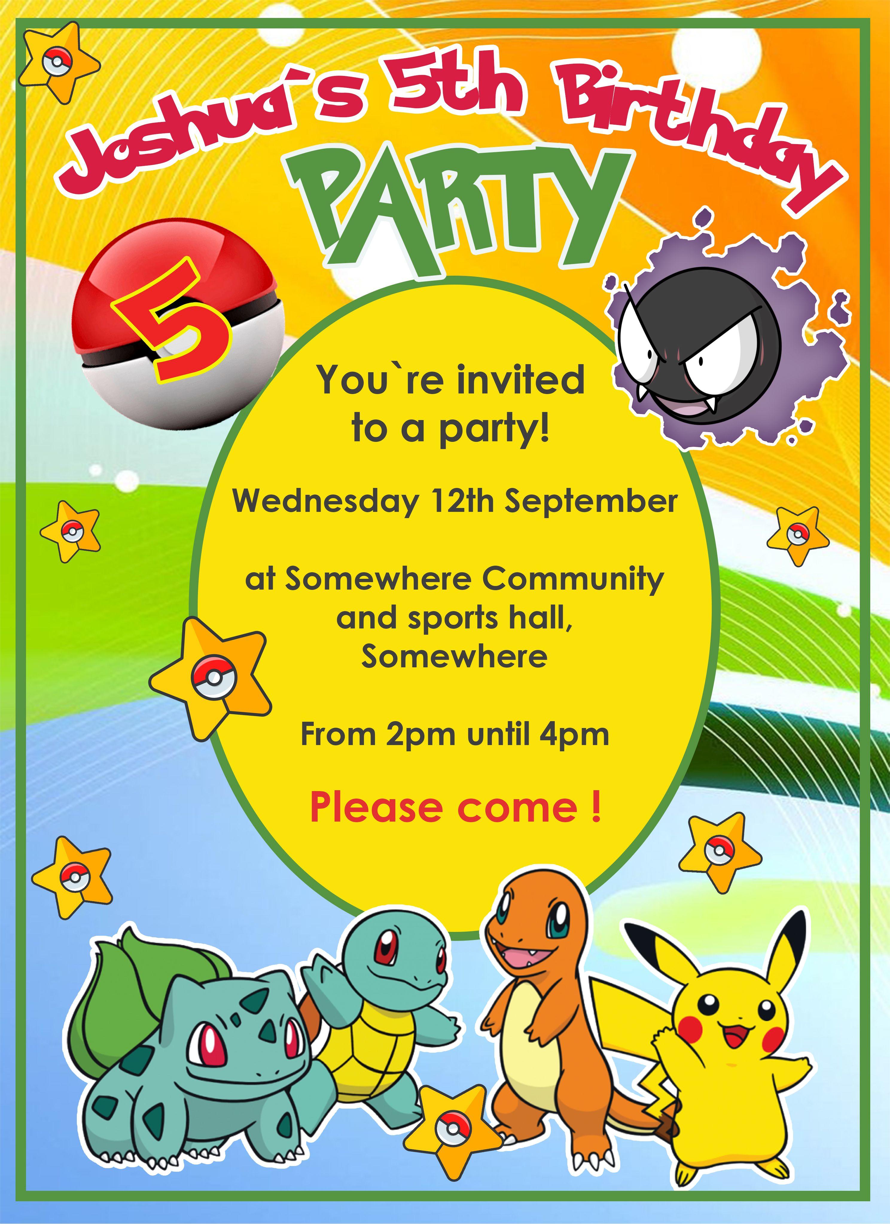 Personalised Pokemon Theme Birthday Party Invitations