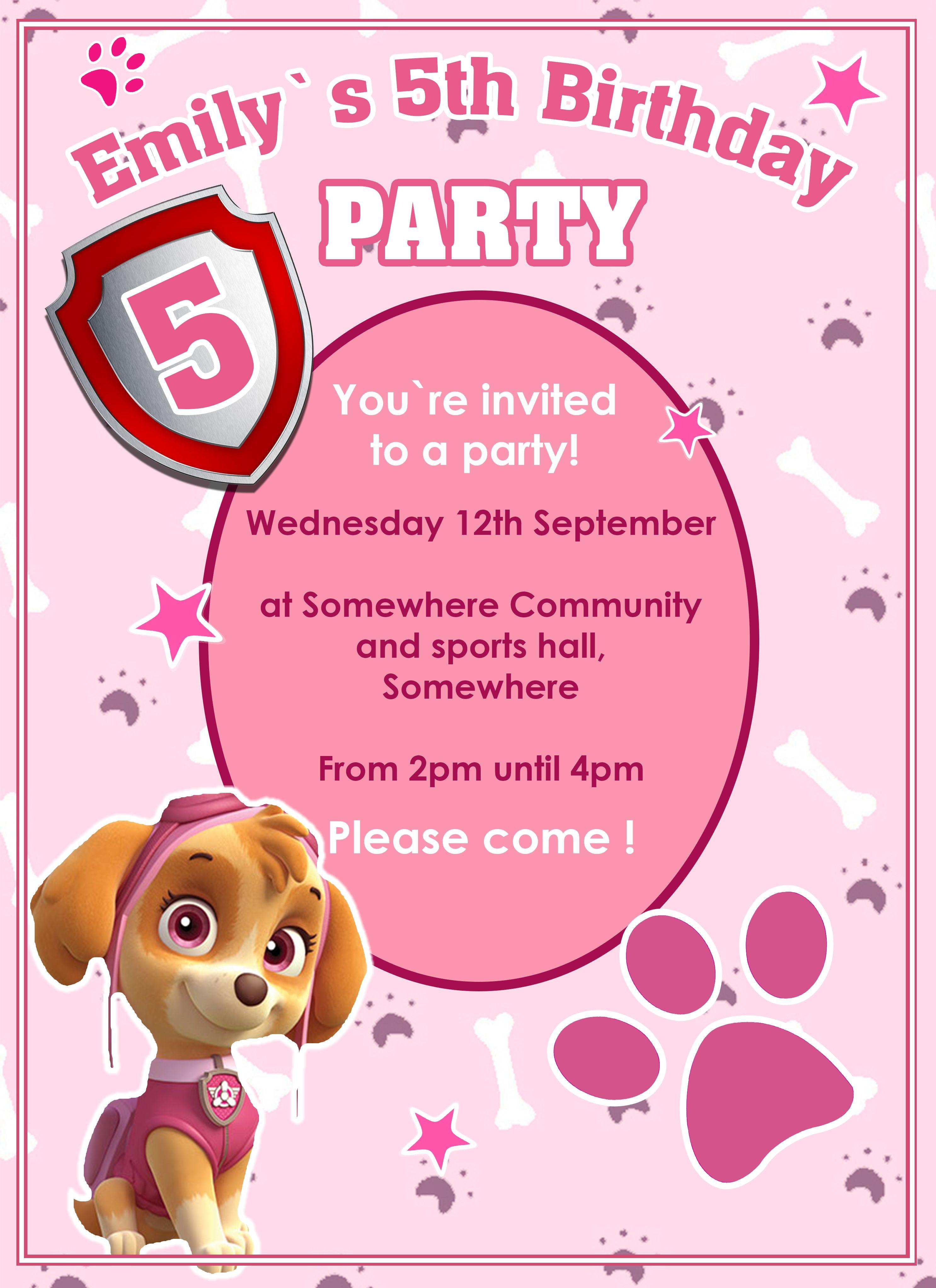 Personalised Paw Patrol Skye Theme Birthday Party Invitation