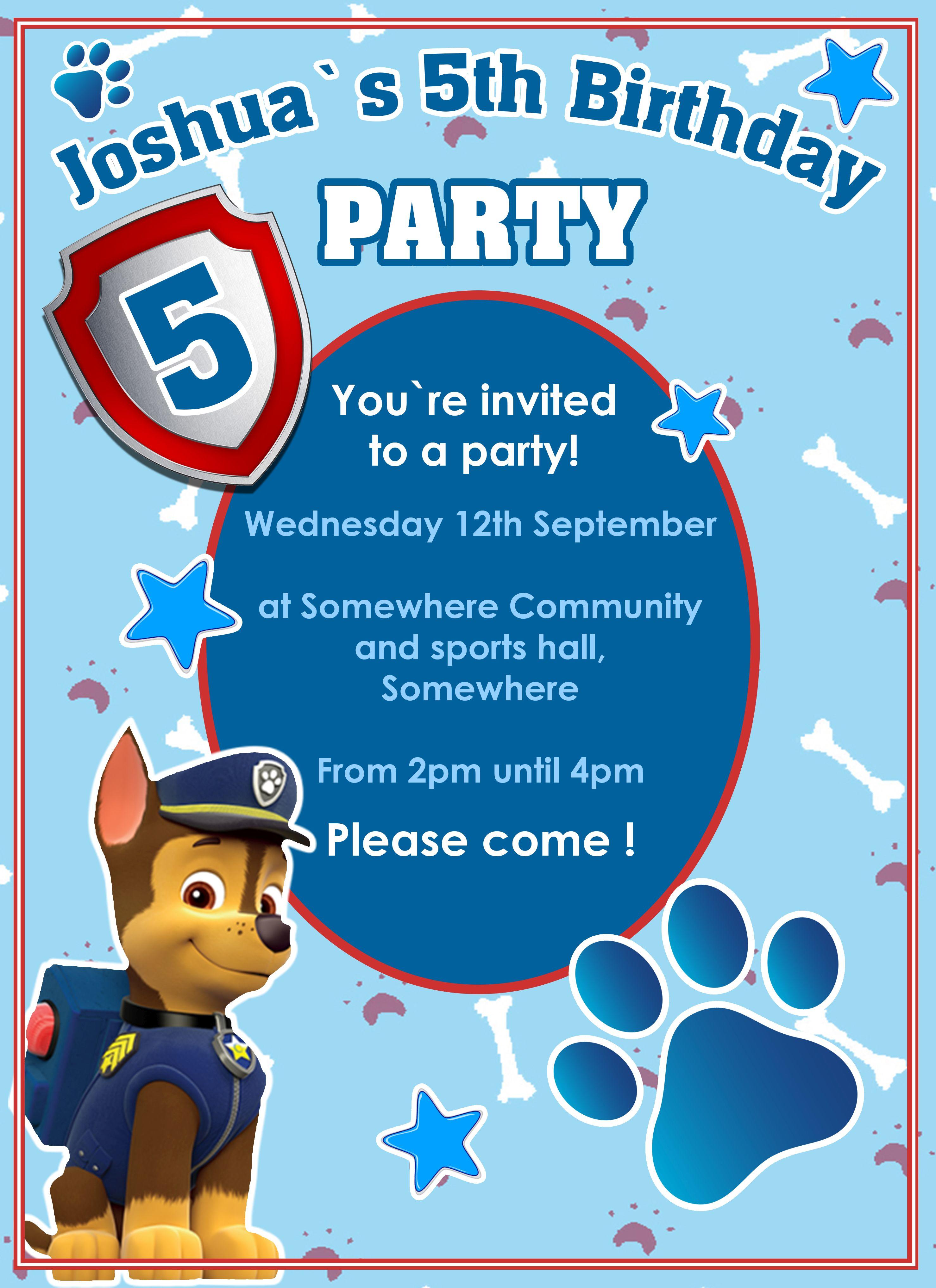 Personalised Paw Patrol Chase Theme Birthday Party Invitation