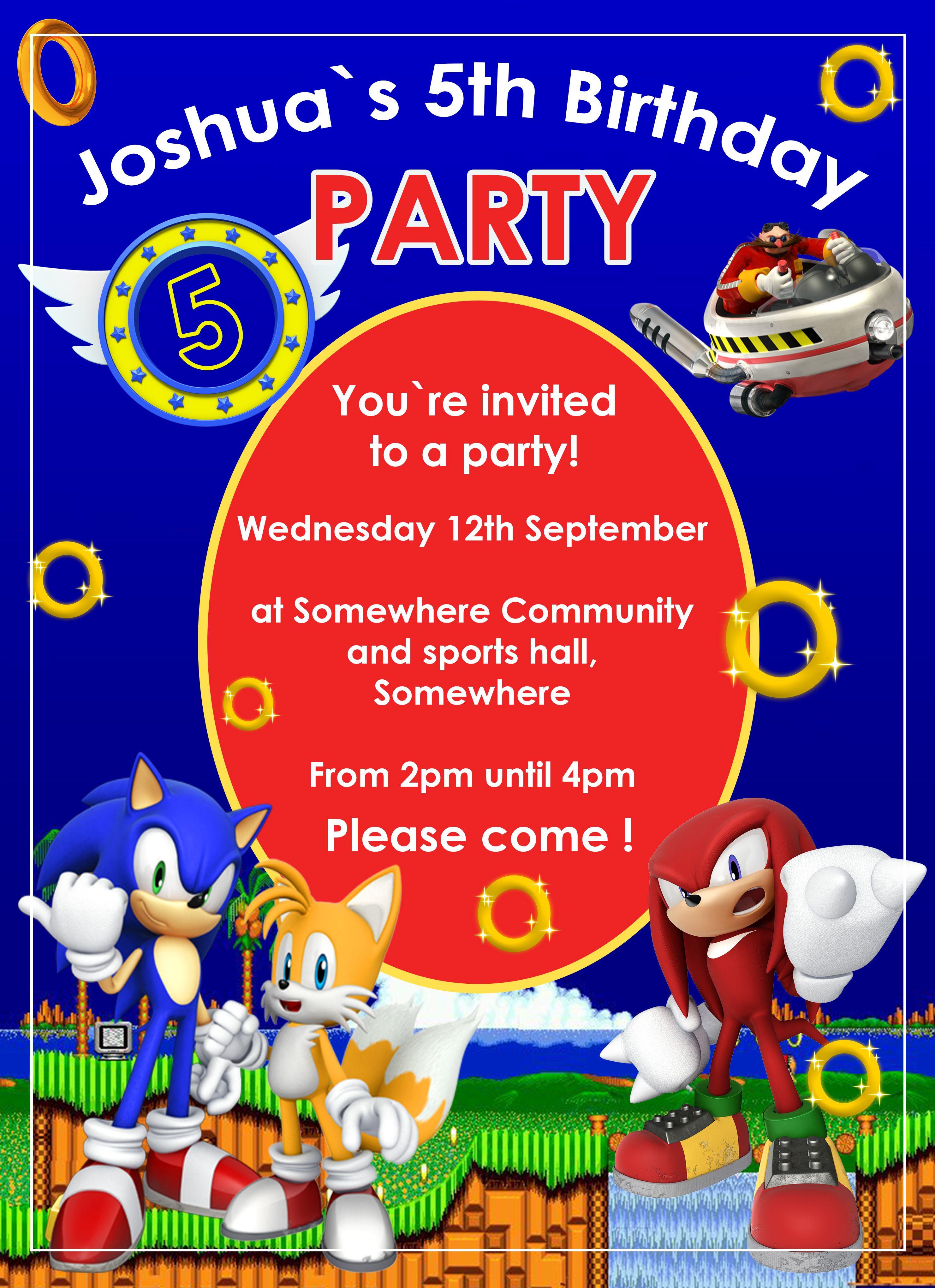 Personalised Sonic The Hedgehog Theme Birthday Invitation