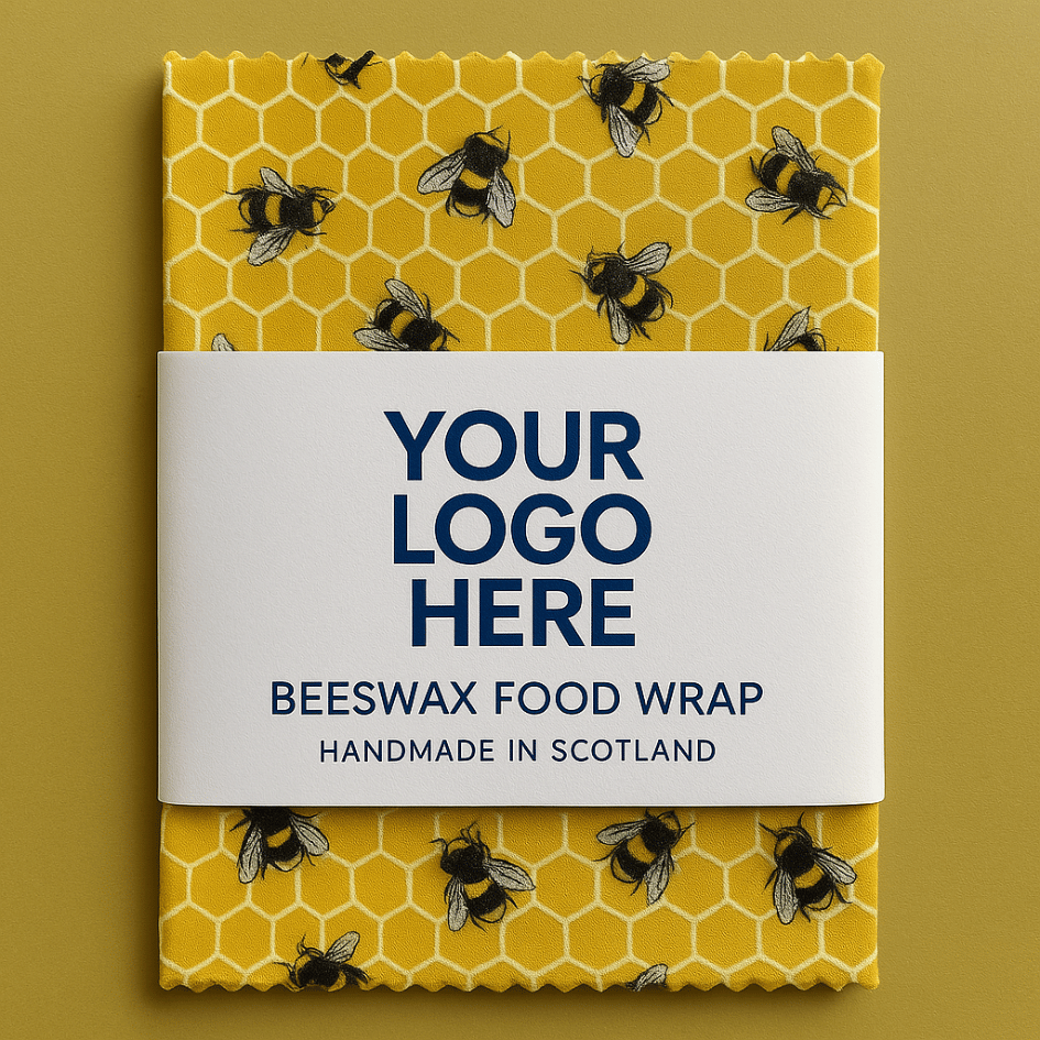 Medium branded beeswax wrap with company logo label, handmade in Scotland using bumble bee fabric for eco-friendly promotional use