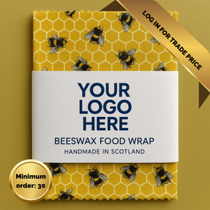 Medium branded beeswax wrap with company logo label, handmade in Scotland using bumble bee fabric for eco-friendly promotional use