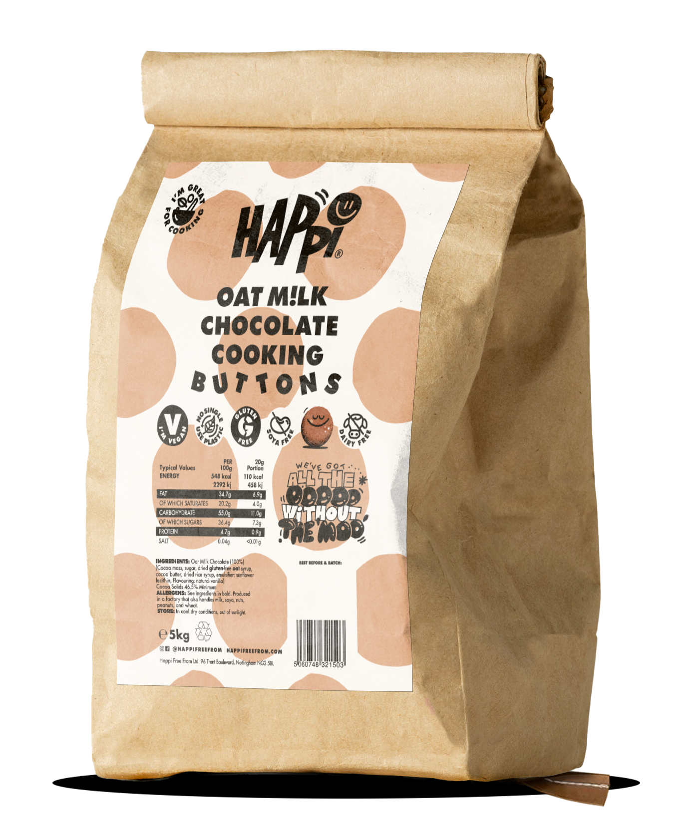 A 5kg Bulk bag of Happi Oat M!lk Chocolate Buttons in a paper sack