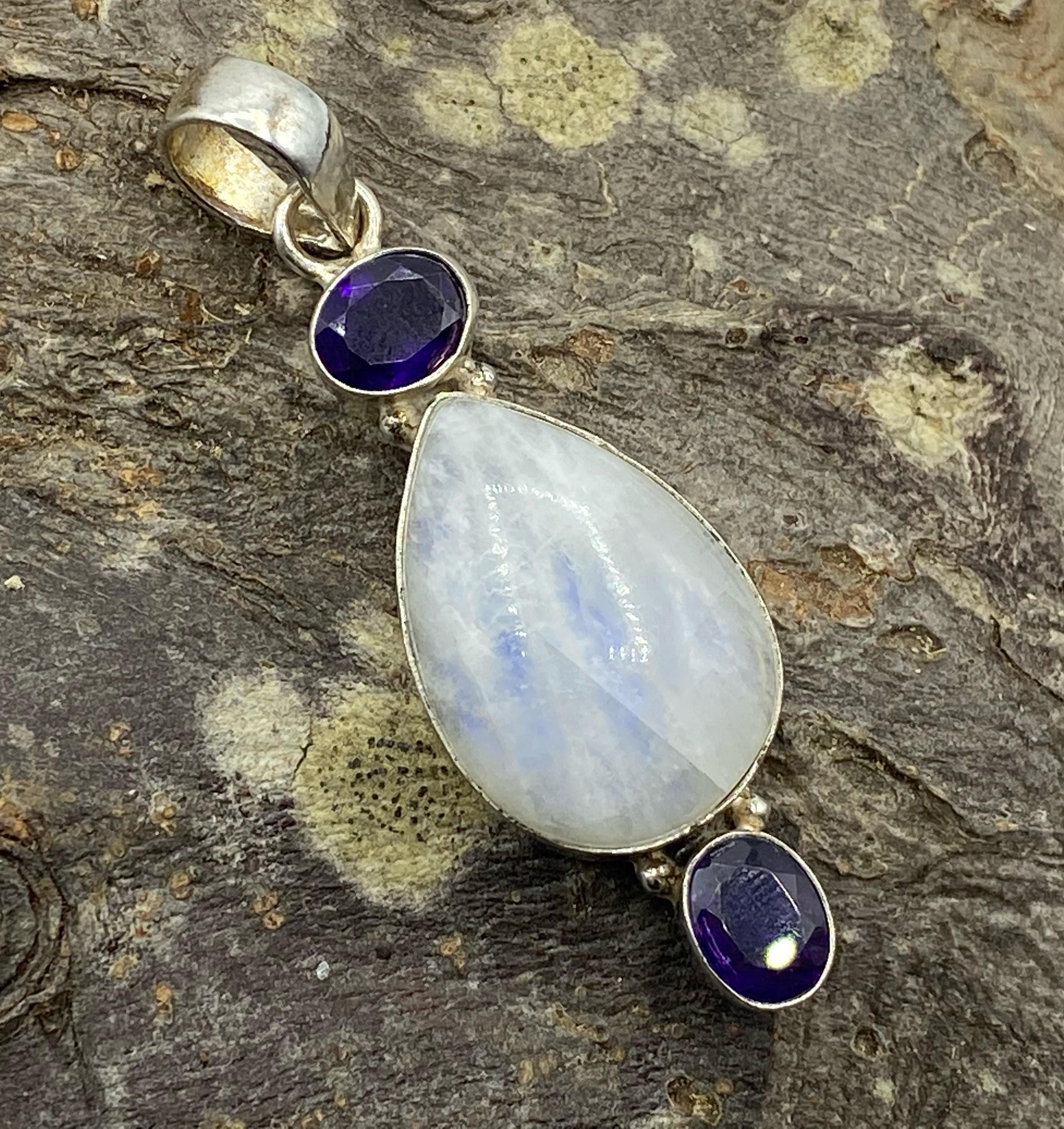 Silver Moonstone Drop with Double Faceted Amethyst Cabochons Pendant