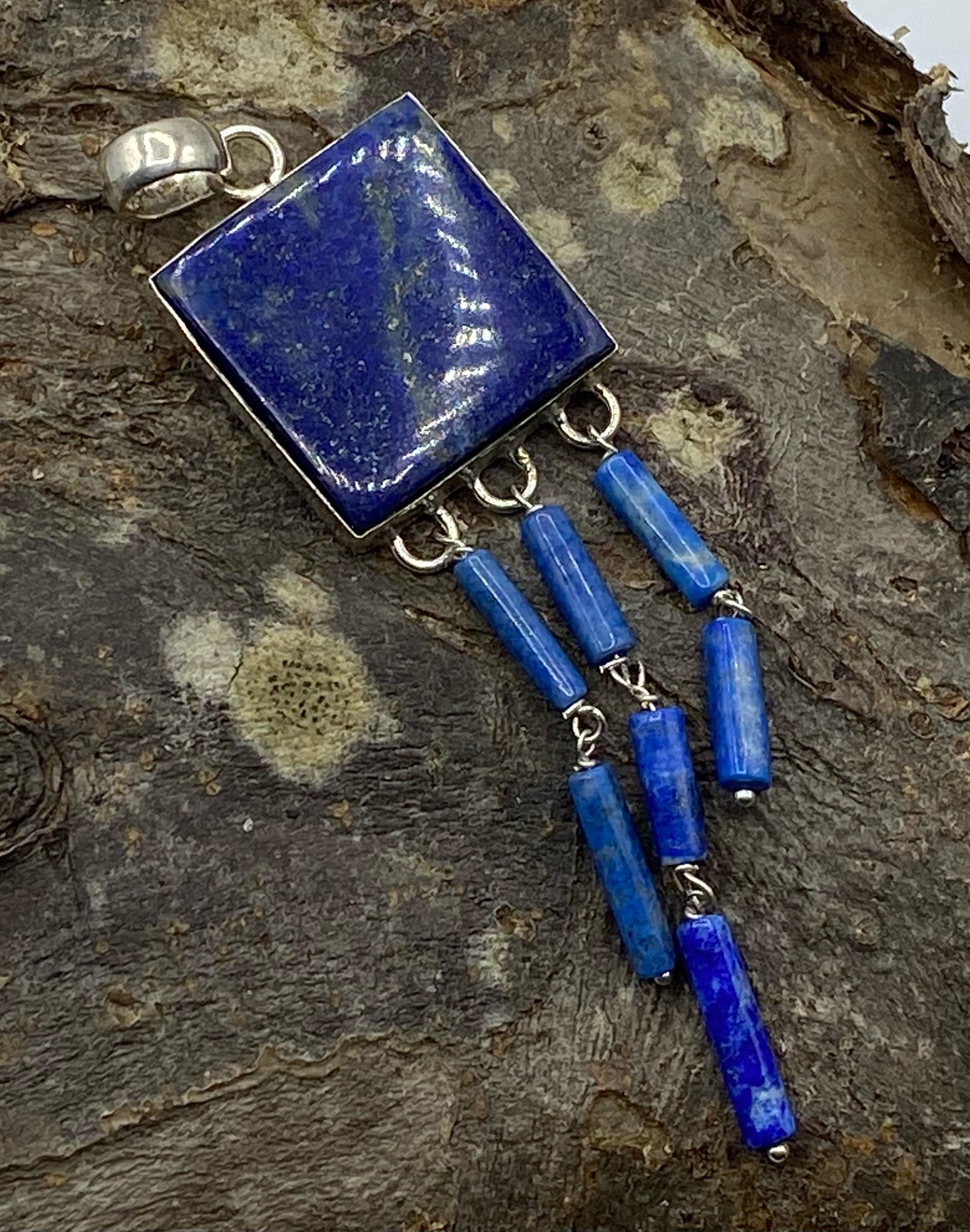 Silver Lapis Lazuli Square Pendant with Tassels