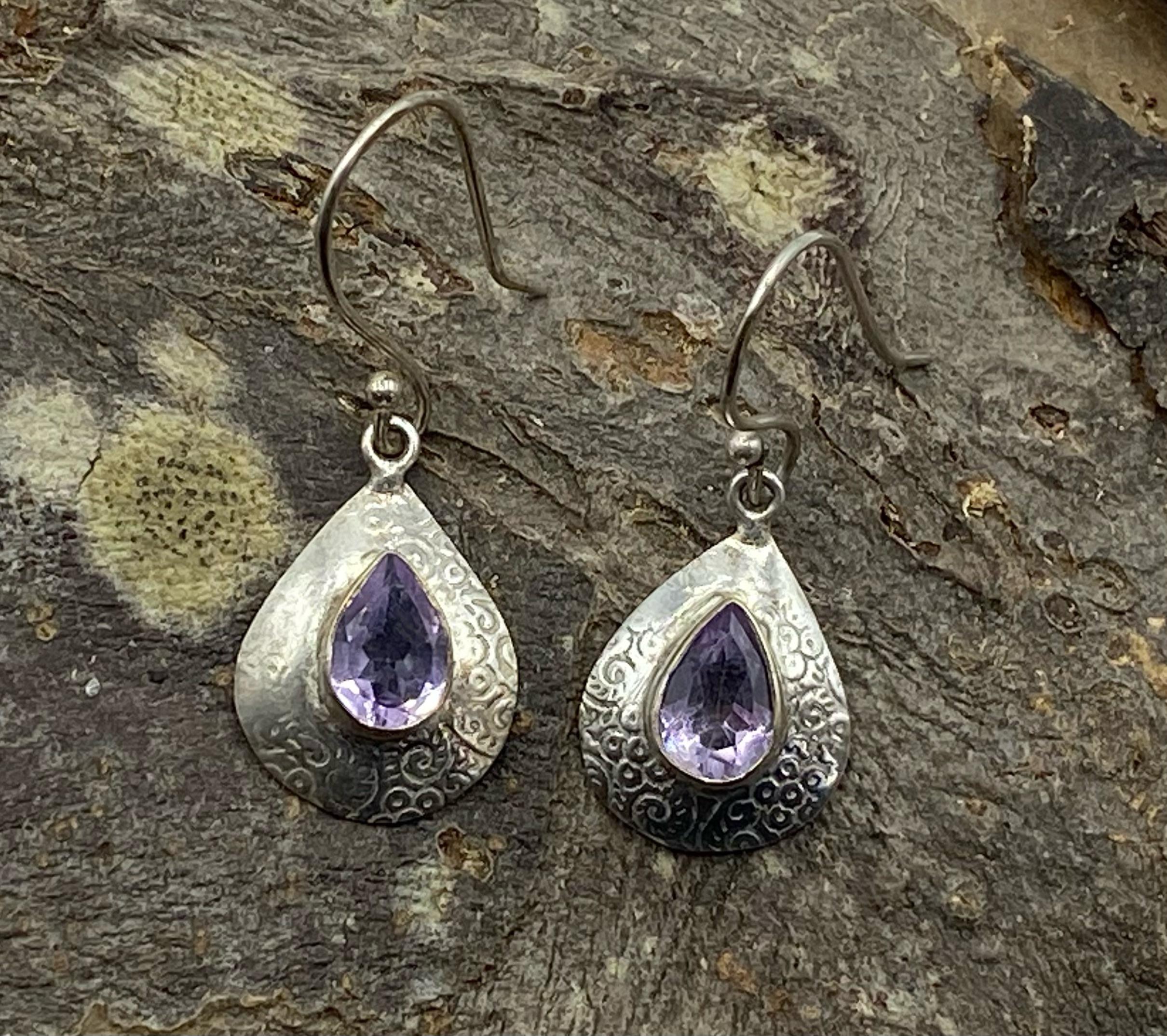 Silver Pear Drop Earrings with Faceted Amethyst Cabochons.