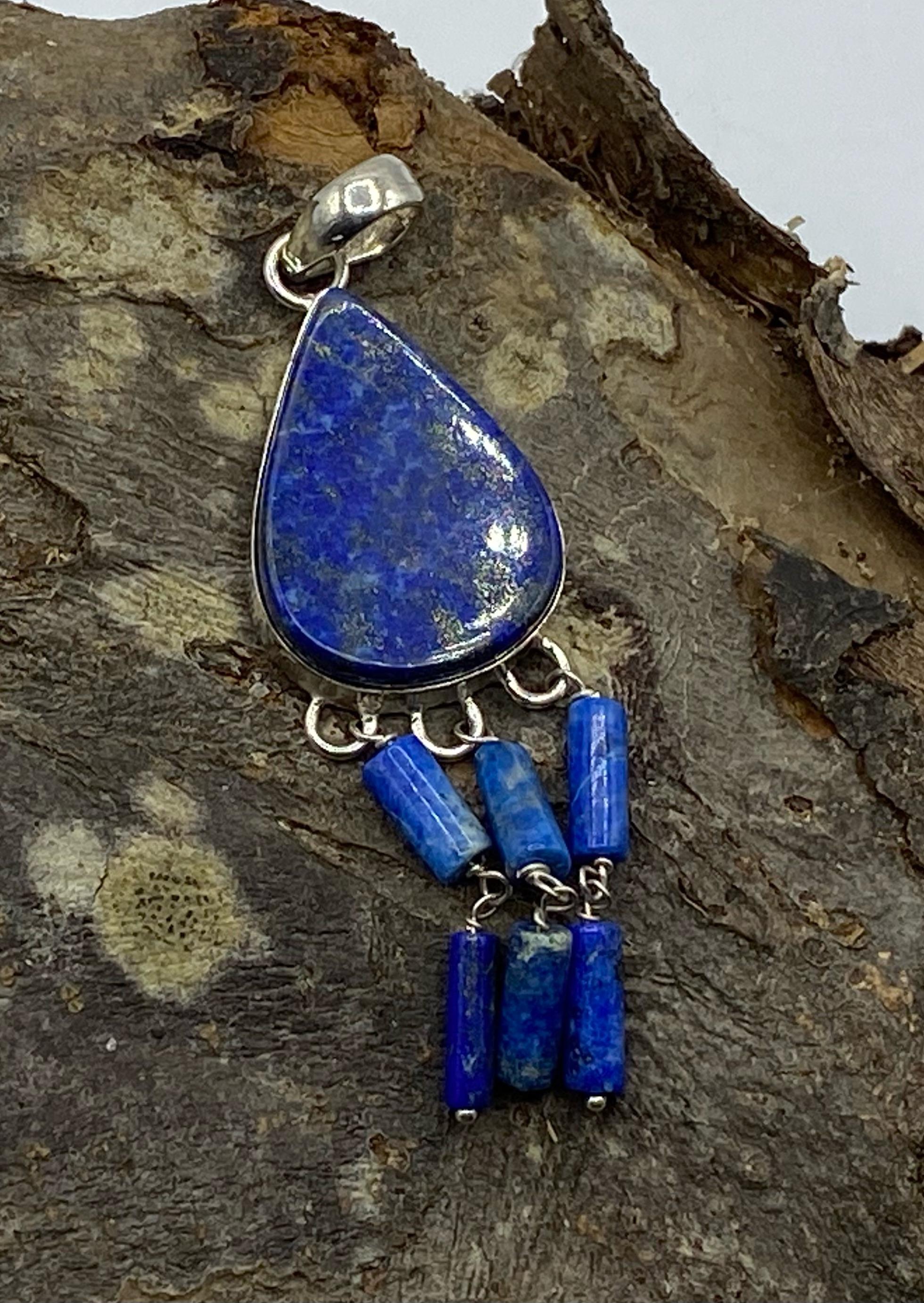 Silver Lapis Lazuli Drop Pendant with Tassels