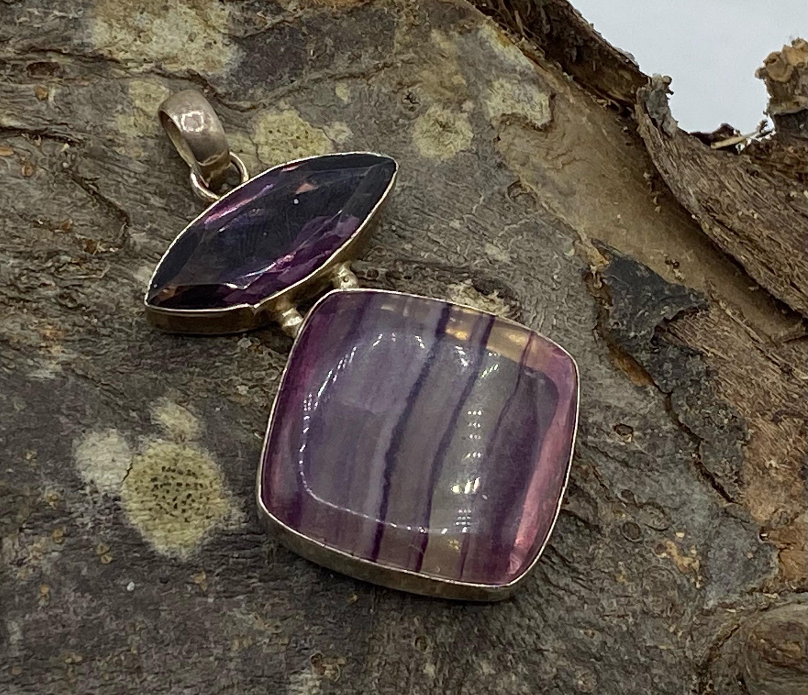 Silver Fluorite and Faceted Amethyst Pendant