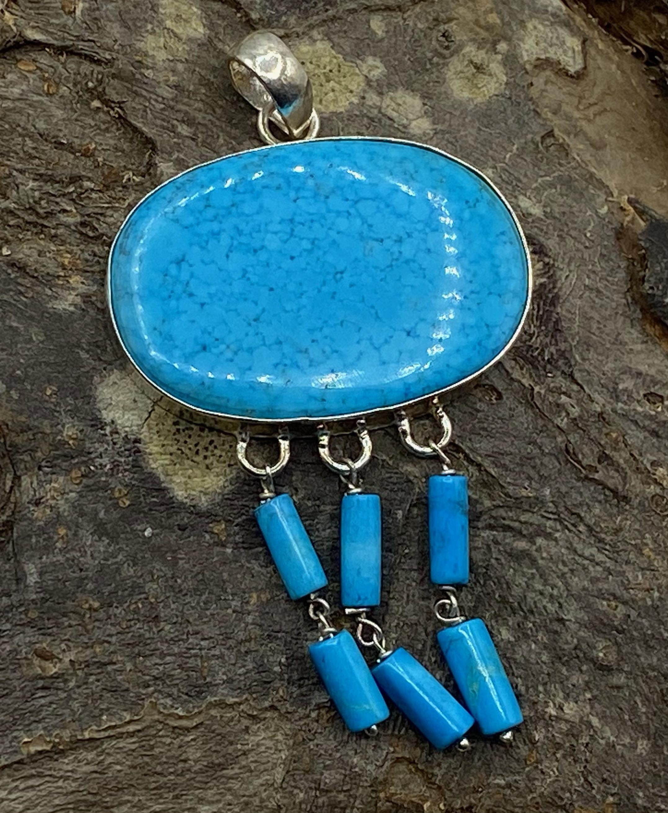 Silver Oval Turquoise Pendant with Tassels