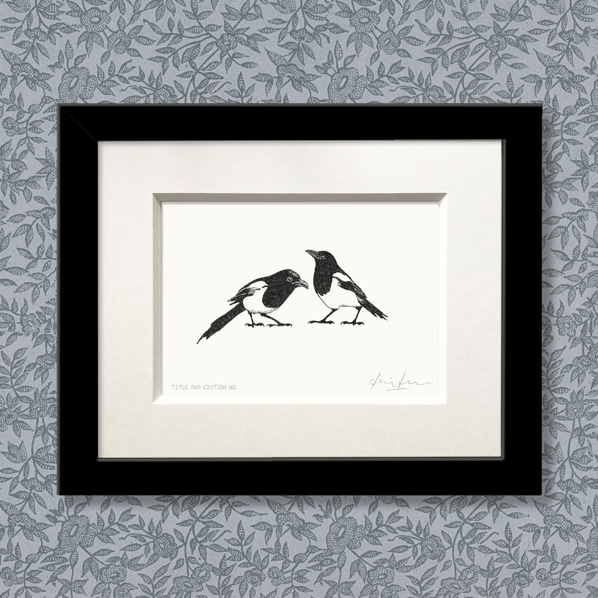 Limited edition print from pen and ink drawing of two magpies in black frame