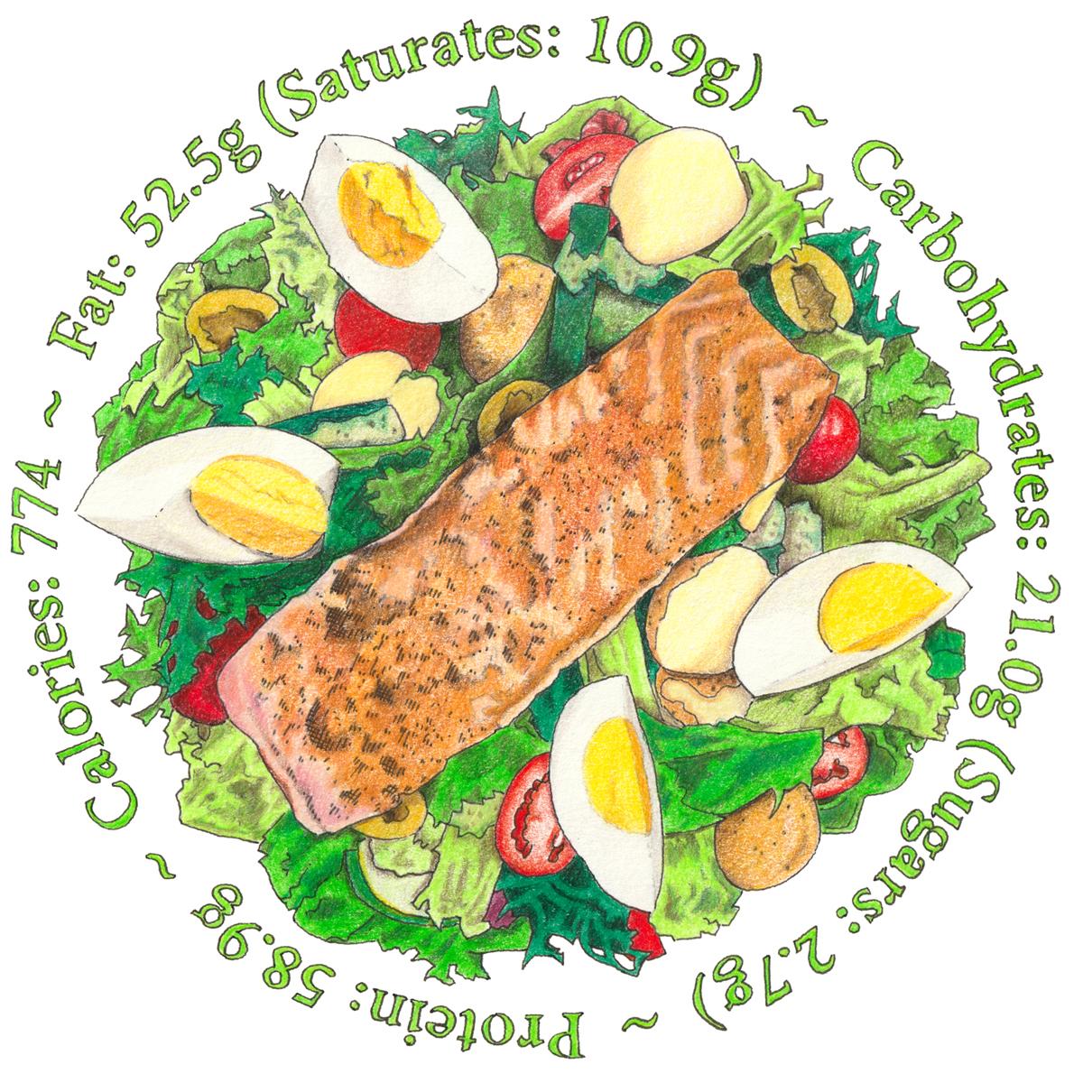 Salmon Salad - Limited Edition Print from original pen, ink and coloured pencil drawing