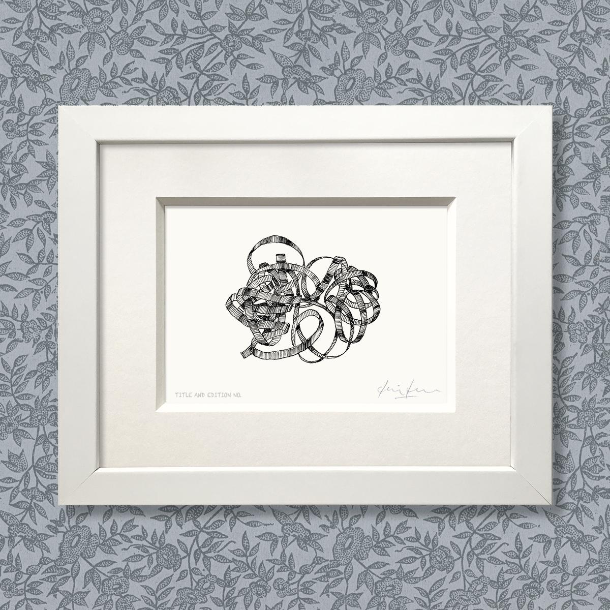 Limited edition print from pen and ink drawing of a ribbon in a white frame