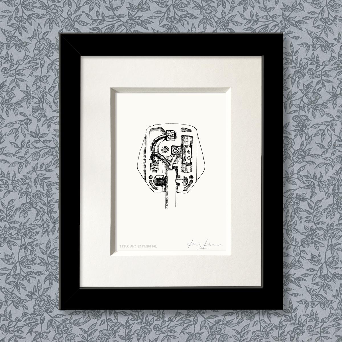 Limited edition print from pen and ink drawing of a 13 amp plug in a black frame
