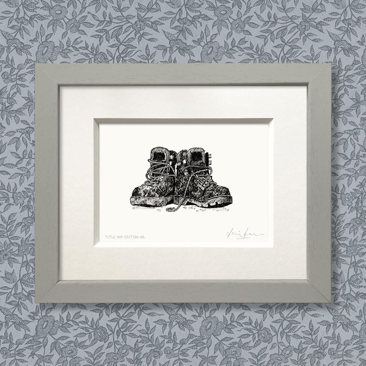 Limited edition print from pen and ink drawing of a pair of muddy walking boots in a grey frame