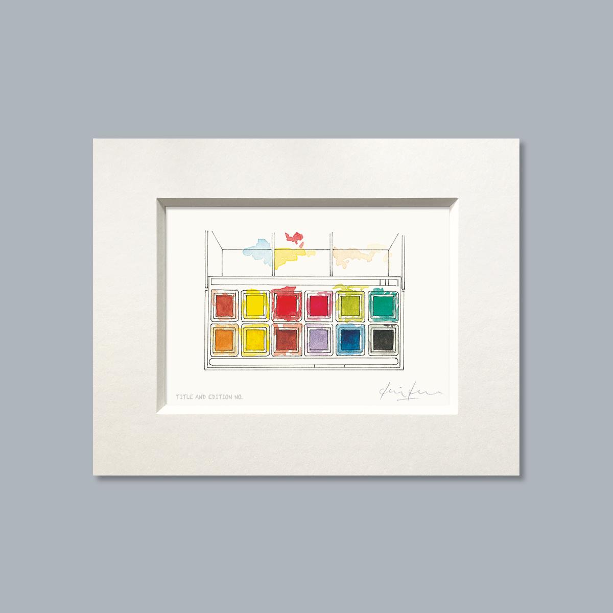 Limited edition print from pen, ink and watercolour sketch of a paint box in a white mount
