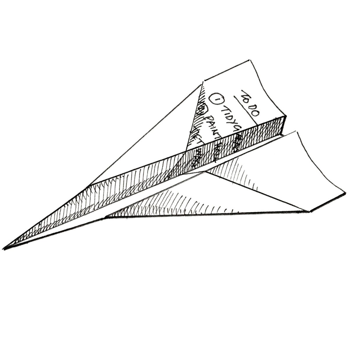 Limited edition print from a pen and ink drawing of a to-do list folded into a paper aeroplane