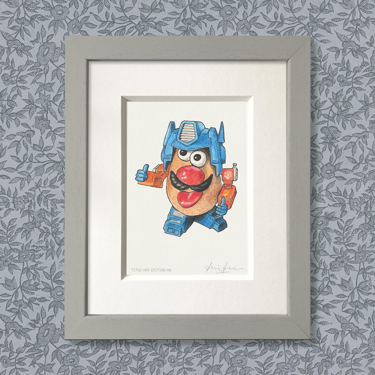Limited edition print from a pen, ink and coloured pencil drawing of the Mr Potatohead toy dressed as Optimus Prime in a grey frame