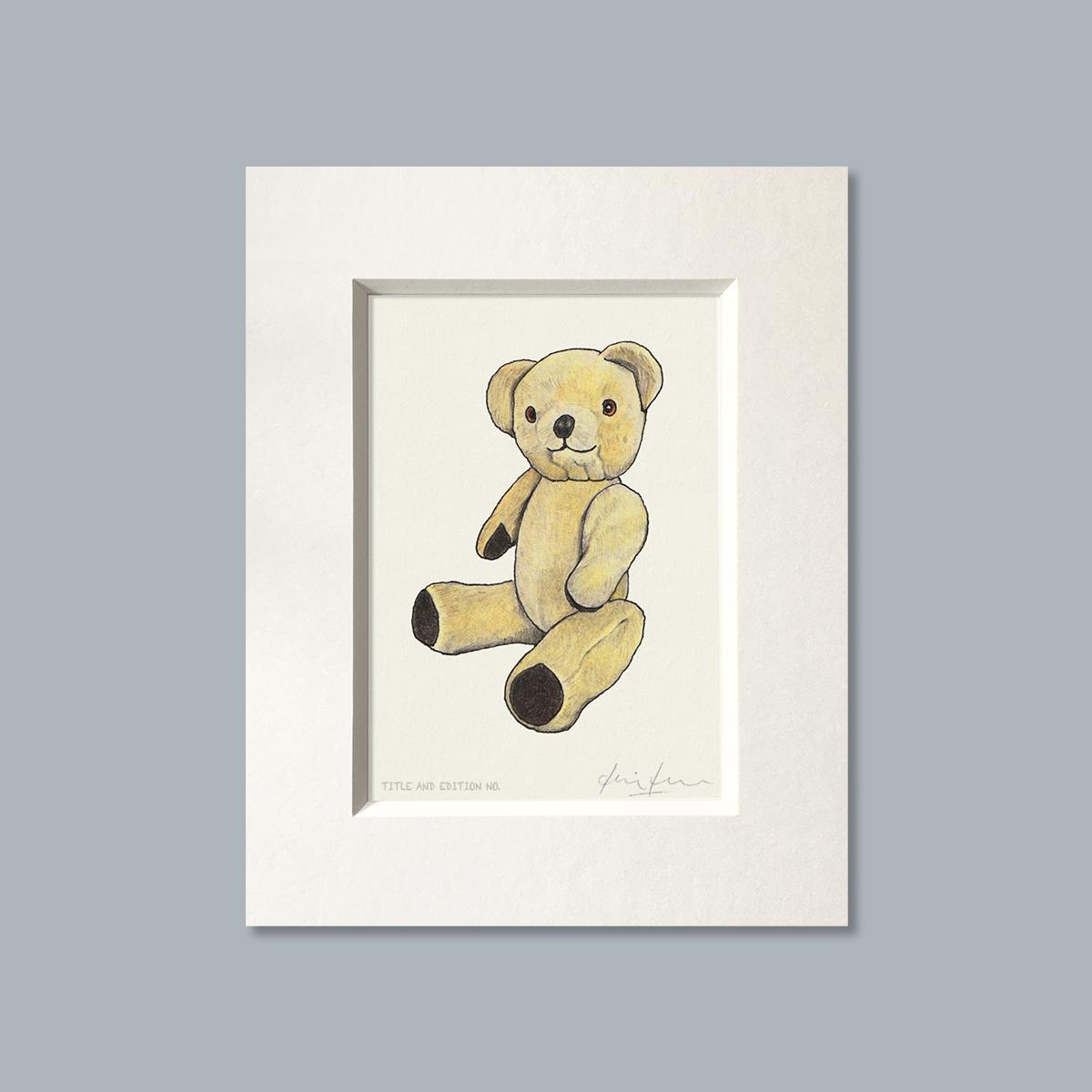 Limited edition print from a pen, ink and coloured pencil drawing of a Teddy Bear in a white mount
