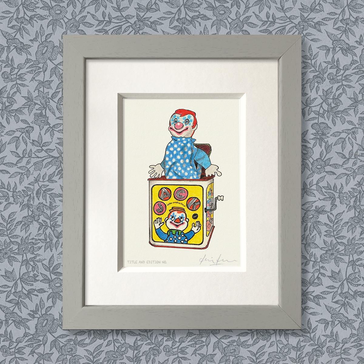 Limited edition print from a pen, ink and coloured pencil drawing of a Jack in the Box in a grey frame