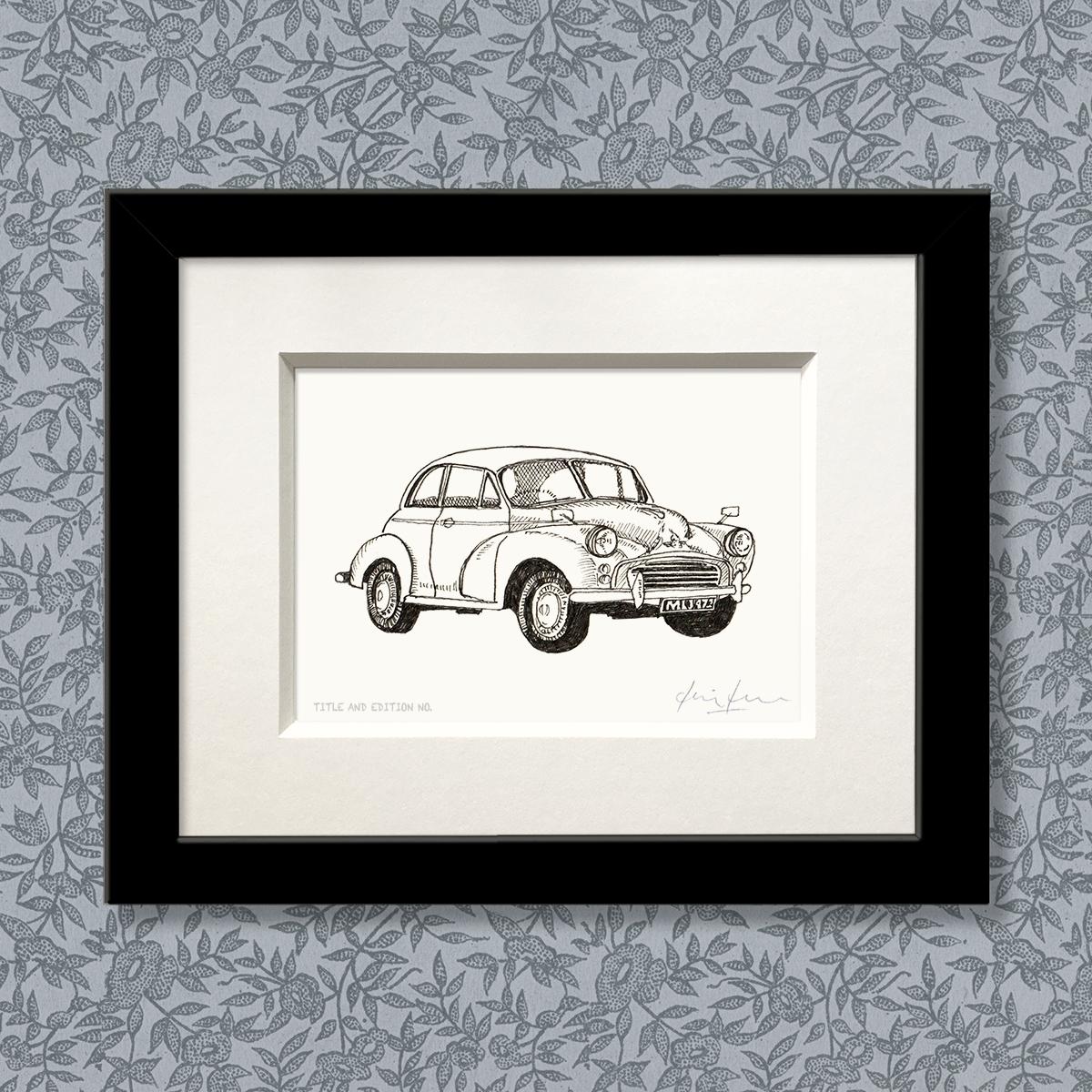 Limited edition print from pen and ink drawing of a Morris Minor in a black frame
