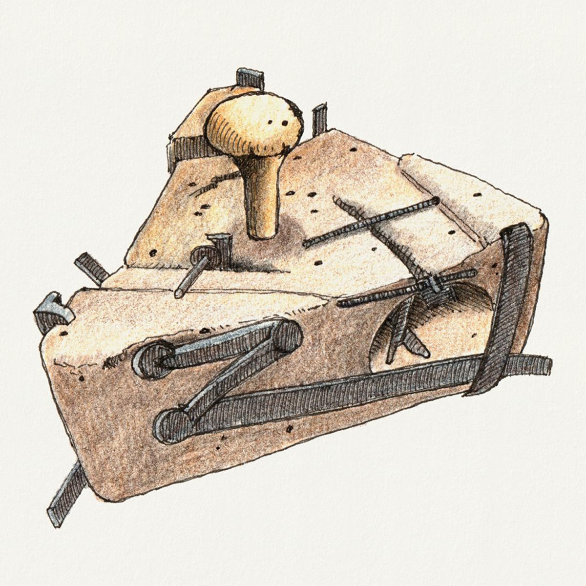 Limited edition print from pen & ink and coloured pencil drawing of an old mousetrap