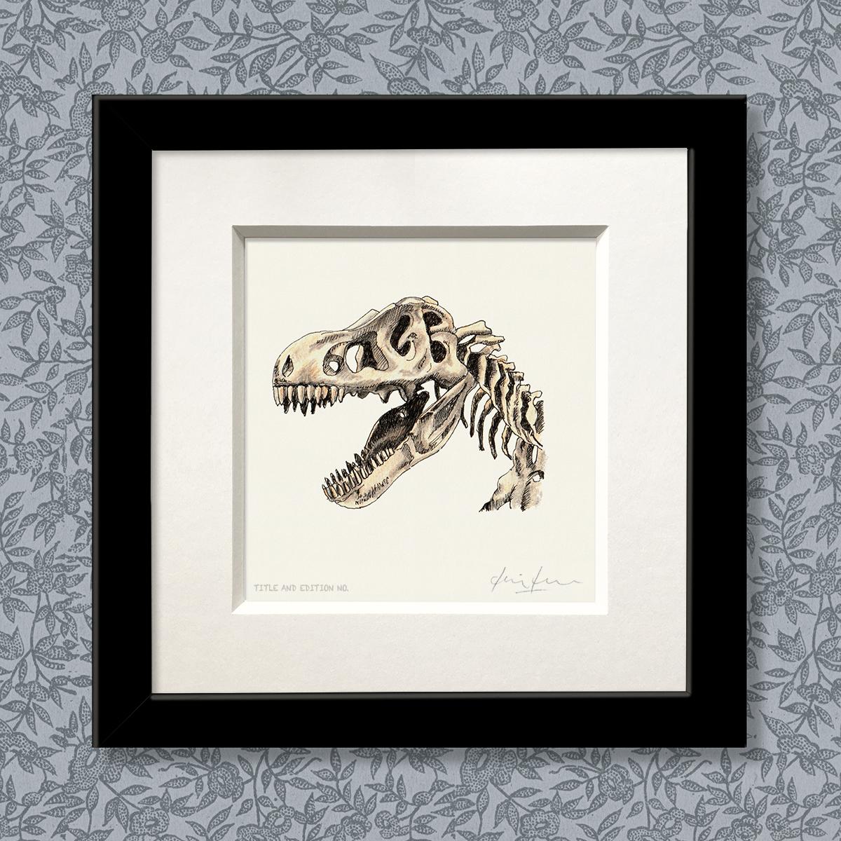 Limited edition print from pen & ink and coloured pencil drawing of a T Rex in a black frame