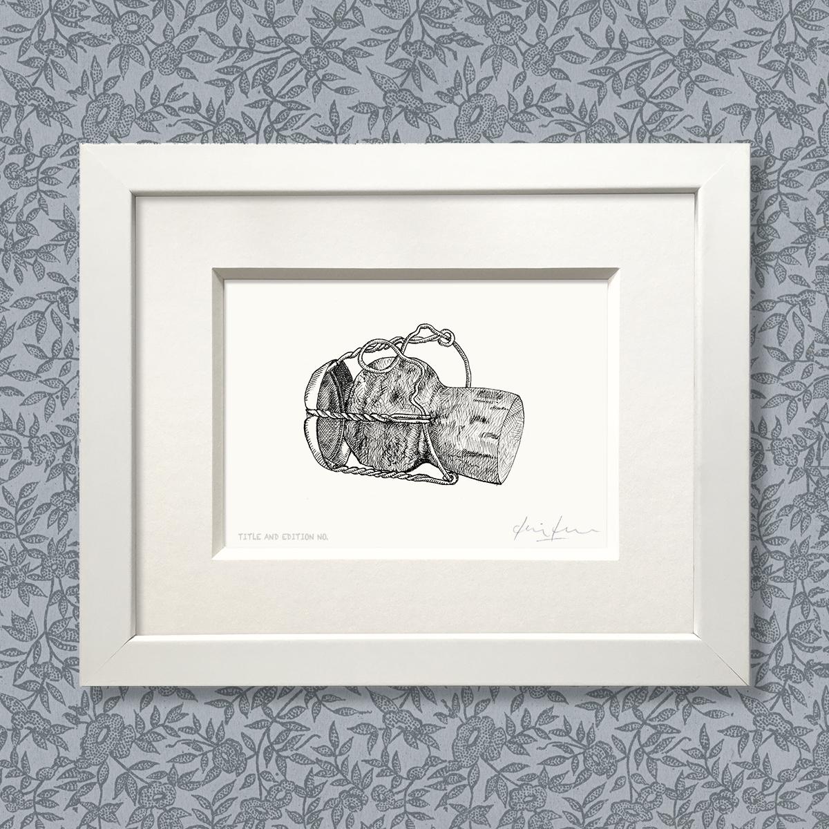 Limited edition print from pen and ink drawing of a champagne cork in a white frame