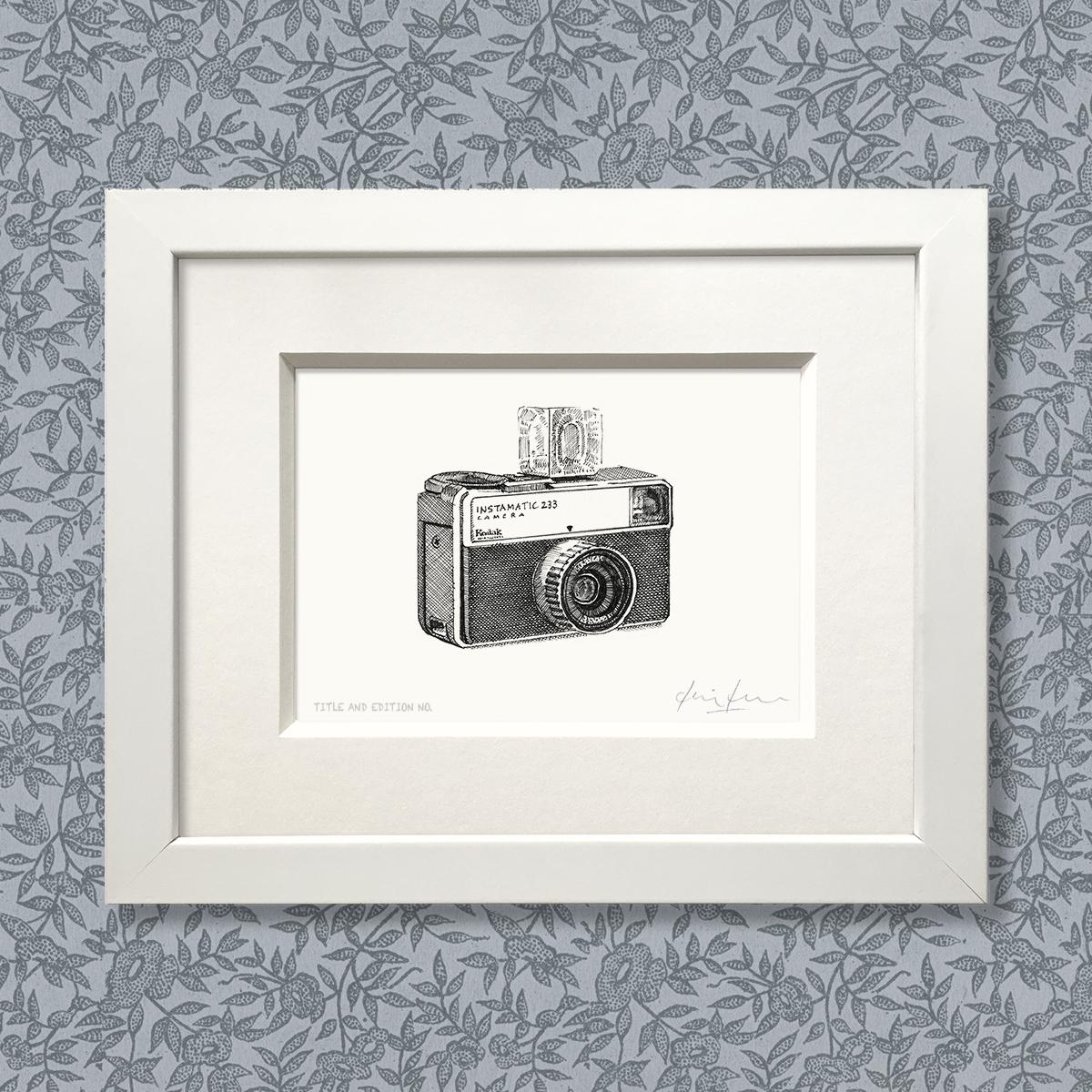 Limited edition print from pen and ink drawing of an old Instamatic camera in a white mount