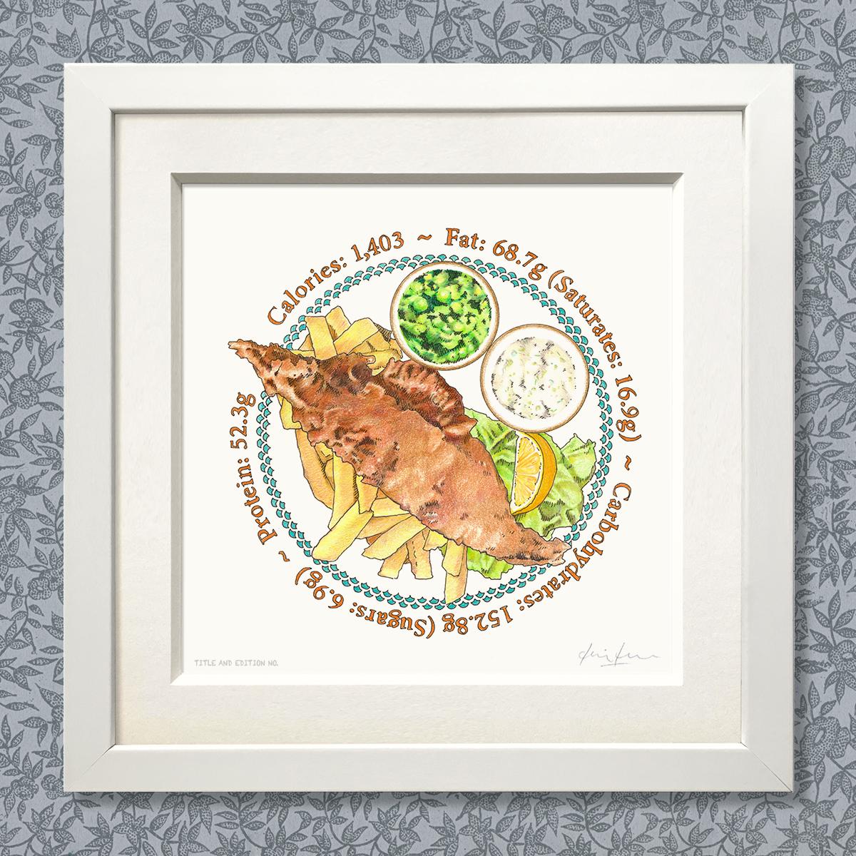 Limited edition print of a coloured drawing of a plate of fish and chips, in a white frame.