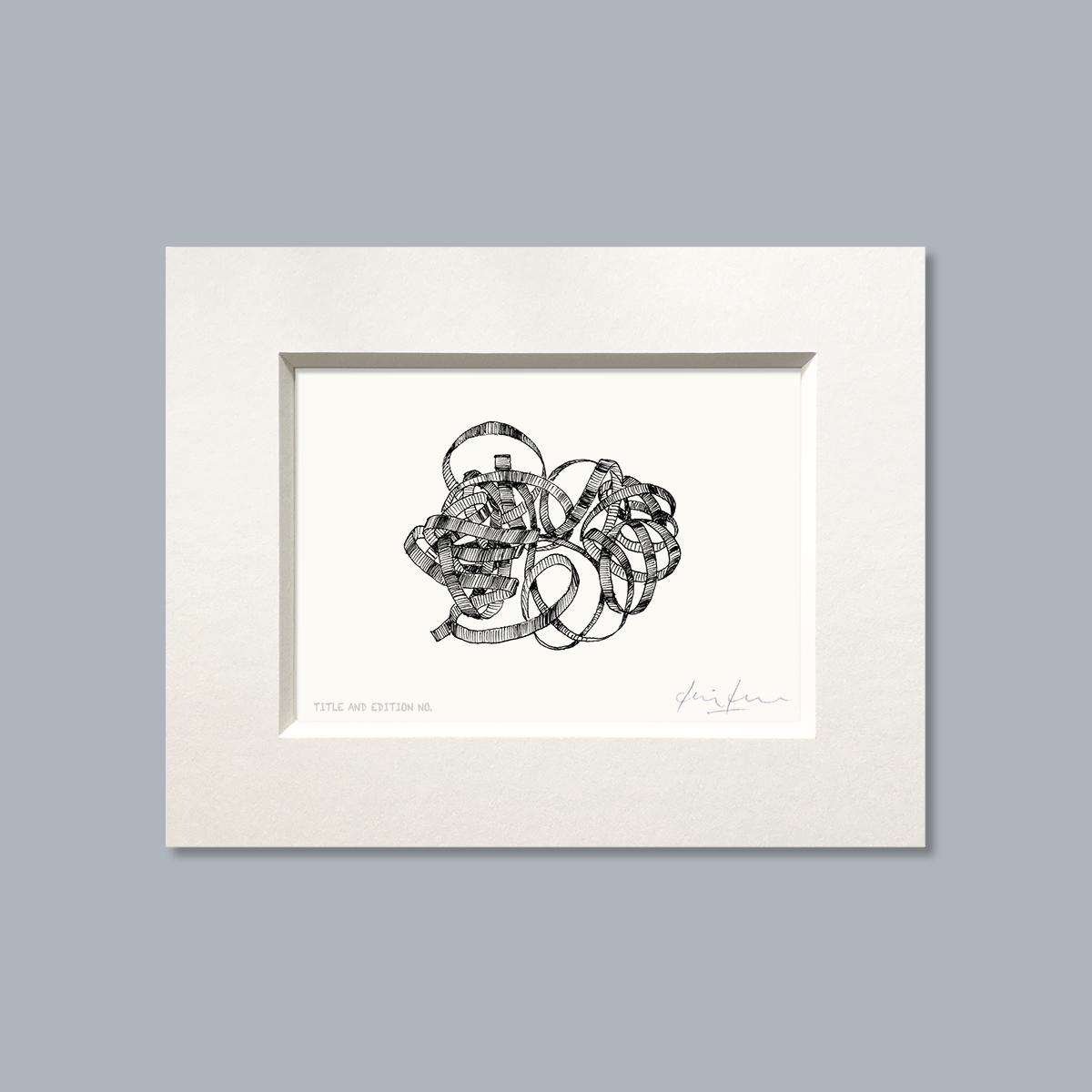Limited edition print from pen and ink drawing of a ribbon in a white mount
