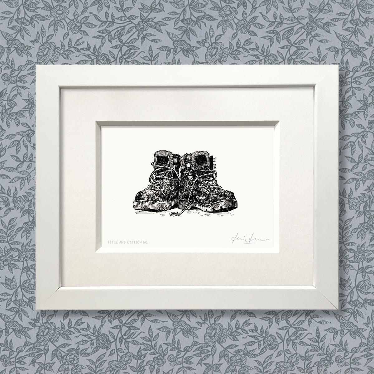 Limited edition print from pen and ink drawing of a pair of muddy walking boots in a white frame