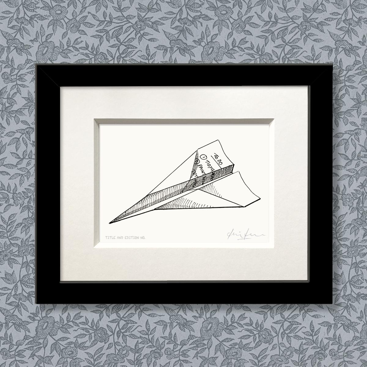 Limited edition print from a pen and ink drawing of a to-do list folded into a paper aeroplane in a black frame