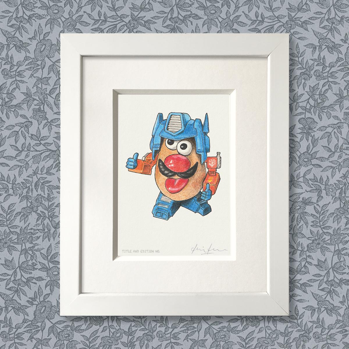 Limited edition print from a pen, ink and coloured pencil drawing of the Mr Potatohead toy dressed as Optimus Prime in a white frame