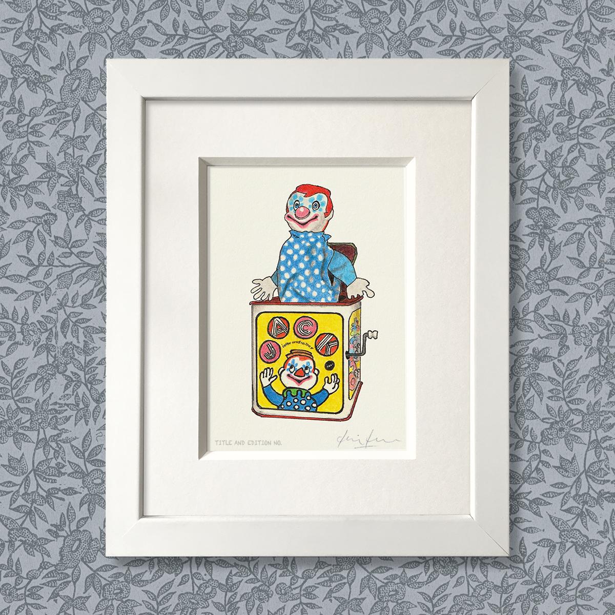 Limited edition print from a pen, ink and coloured pencil drawing of a Jack in the Box in a white frame