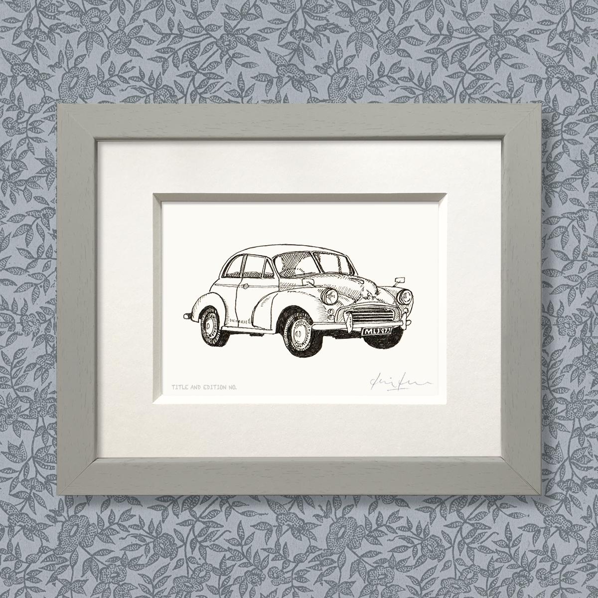 Limited edition print from pen and ink drawing of a Morris Minor in a grey frame