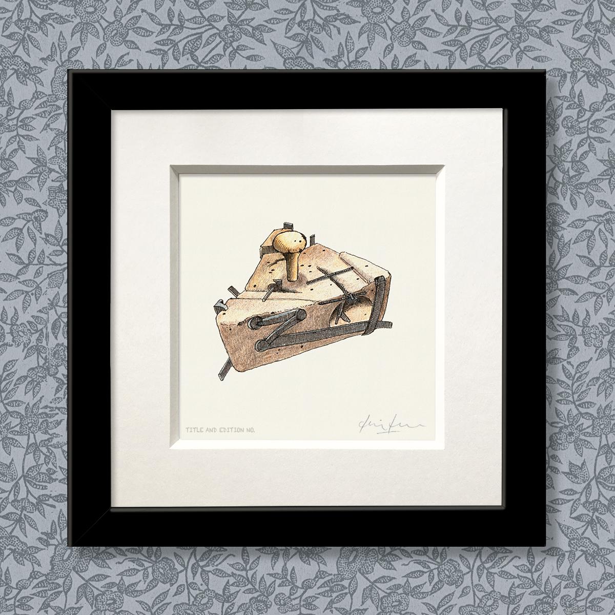 Limited edition print from pen & ink and coloured pencil drawing of an old mousetrap in a black frame
