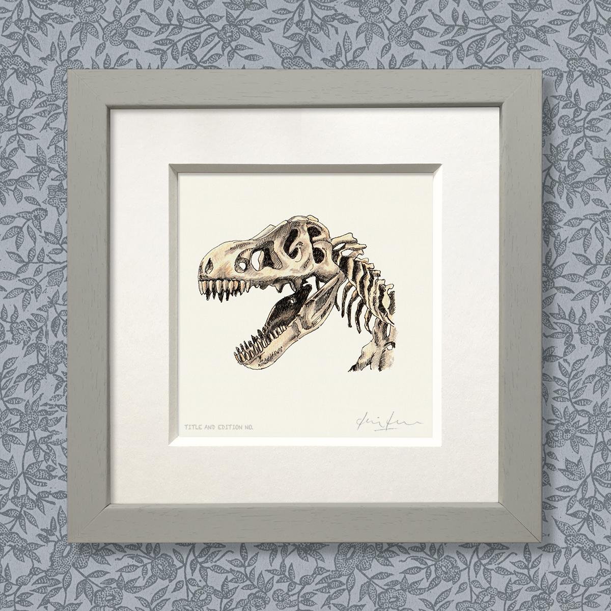 Limited edition print from pen & ink and coloured pencil drawing of a T Rex in a grey frame